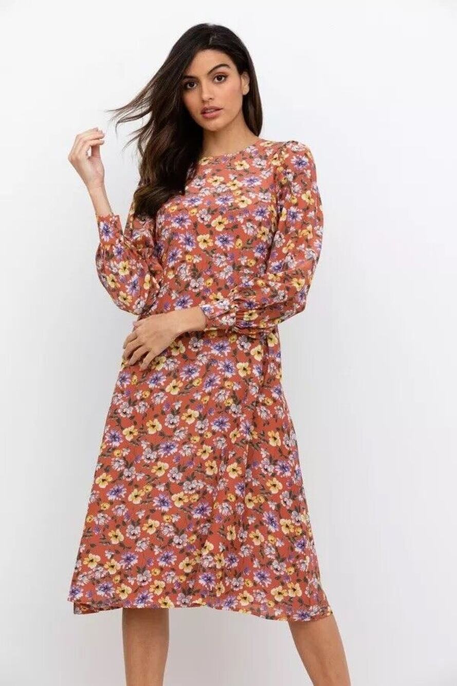 Yumi Kim Love Me Tender Dress Rust Orange Floral Midi S EUC LS Career Workwear